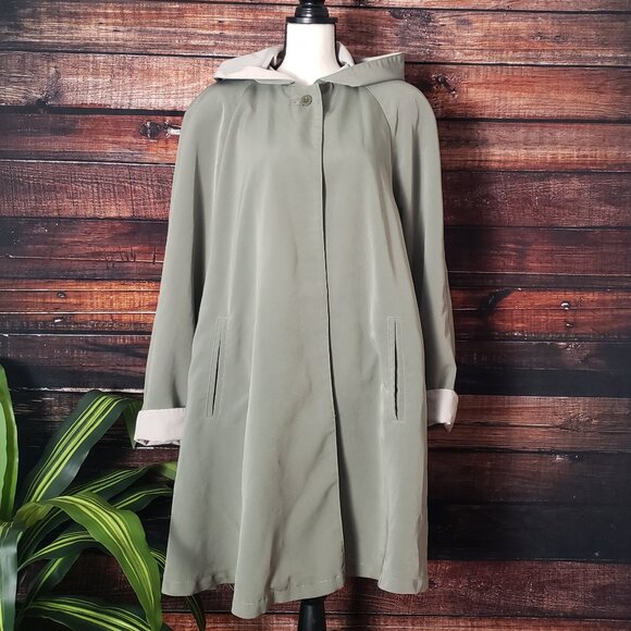 American Bazaar Vintage Coat Jacket L Long Hooded Belted Olive Green Pockets - Picture 7 of 13